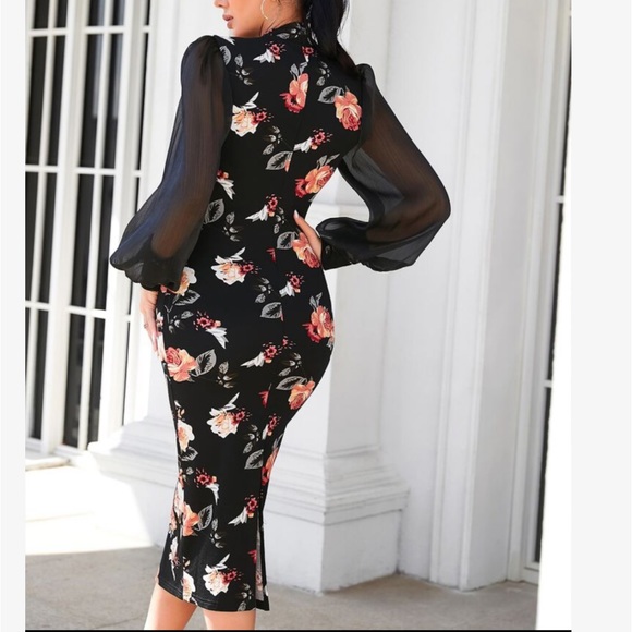 Elegant Classic Floral Mesh Puff Long Sleeve Slit Back Pencil Bodycon Dress - Picture 5 of 7